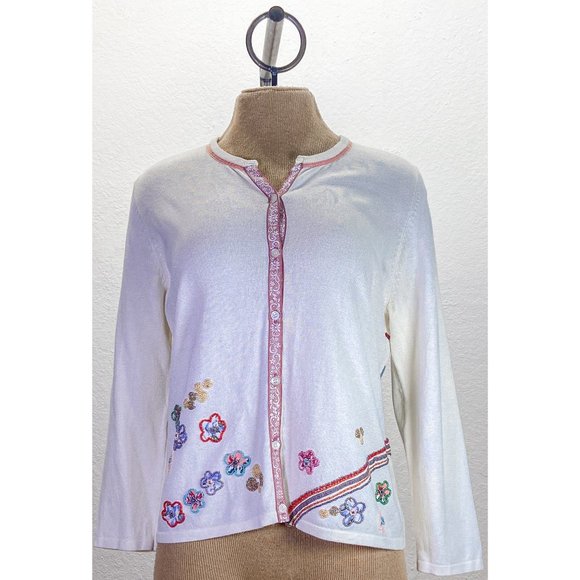 Vintage Beaded Crew Neck Button-Up Floral Long Sleeve Light Weight Cardigan - Picture 2 of 11